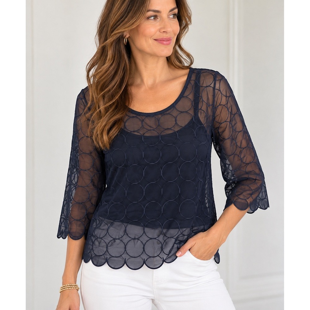 Coldwater Creek Women's Blue Sheer Mesh Embroidered Geometric Blouse XL